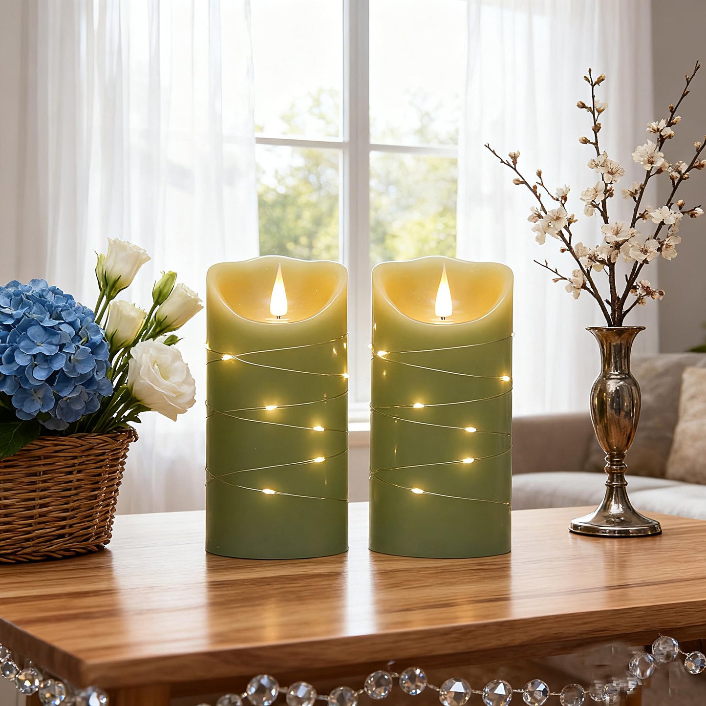 CFDECOR Flameless Candle with Timer,Battery Operated Flickering Led Candles with Remote,Realistic 3D Moving Flame Pillar Candles,Scalloped Edge,Real Wax Candles Set of 2 for Holiday,Home Decor(Green)