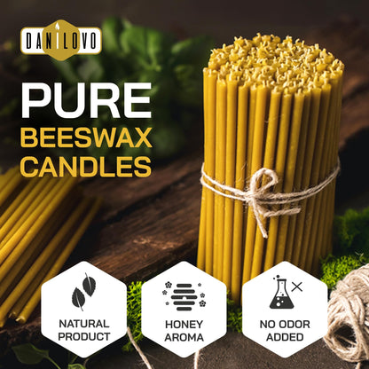 Danilovo Thin Taper Beeswax Candles - Honey-Scented, Decorative Candles Ideal for Birthday Decoration or Church Prayers - Yellow Drip Free, Tall & Smokeless Pack of 50 pcs, 7.3 x 0.24 inch