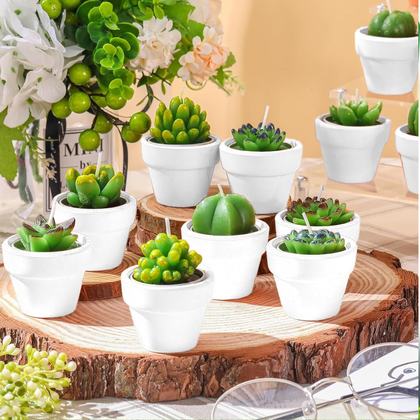 Shihanee 48 Pcs Bulk Succulent Candles Decorative Cactus Tealight Candles Handmade Mini Terracotta Clay Holders House Warming Wedding Baby Shower Spa Mexican Coworkers Teacher Birthday Gifts(White)