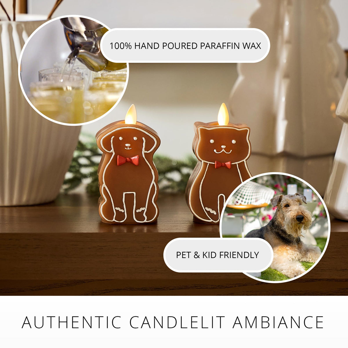 Luminara Flickering Flameless Candle 2.5" x 4.3", Battery Operated & Timer Function, Remote Ready (Sold Separately), Gingerbread Cat Moving Flame LED Light Figural Candle for Christmas Holiday Display
