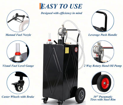 Garvee 30 Gallon Fuel Caddy with Manual Transfer Pump, Portable Gas Storage Tank on 4 Wheels, Gasoline & Diesel Fuel Storage Tank for Cars, Lawn Mowers, ATVs, Boats, More, Black