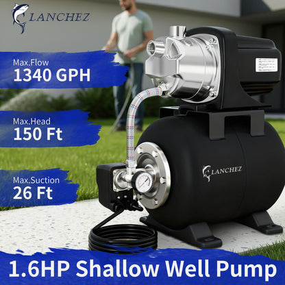 LANCHEZ Shallow Well Pump, Stainless Steel Water Transfer Pump, 115V Garden Irrigation Pump, Water Booster Jet Pump for Home Garden Lawn Farm, Matte black