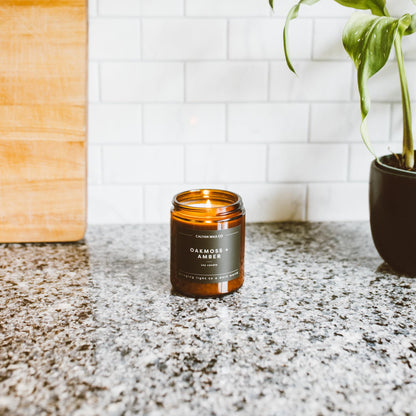 Calyan Wax Co. Oakmoss & Amber Scented Candle - 57 Hour Burn - Luxury Clean Soy Wax Candles - Long Lasting Amber Glass Jar Candle for Home - 7.2oz
