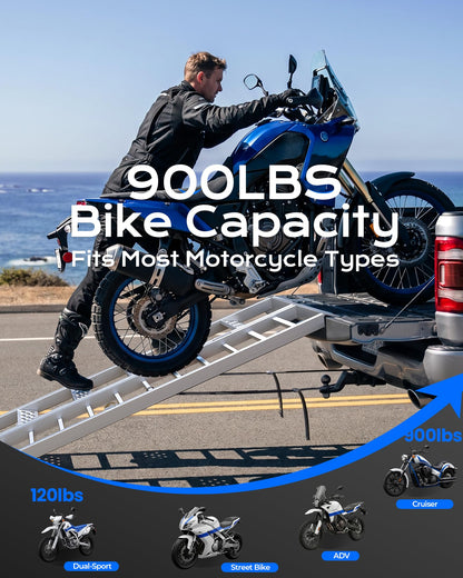 KOLOTOOL 81" Aluminum Motorcycle Loading Ramp with Walking Steps, 32.5" Wide Heavy Duty Folding Ramp for Trucks & Trailers, 900 lbs Bike Capacity & 400 lbs Person Support, Portable Loading Equipment