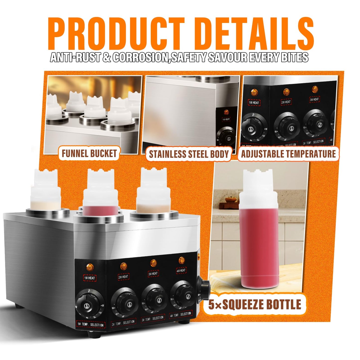 KOOTEN Electric Sauce Warmer Dispenser Commercial Nacho Cheese Warmer 0.68 x 5 Qt Hot Chocolate Warmer Heater, 86-185℉ (22 OZ) Hot Fudge Warmer with Bottle*5