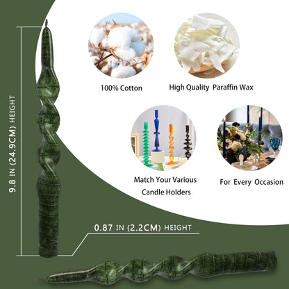Snake Pattern Spiral Taper Candles Set of 2, 10 Inch Green Handmade Candle Stick, Unscented Twisted Candles, Tapered Candles for Wedding Dinner Home Decor Gift