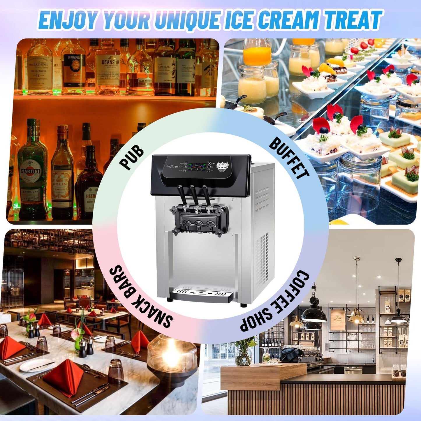 PioneerWorks Commercial Ice Cream Maker,2200W, 5.3 to 7.4 Gal/Hour, 3 Flavors Commercial Soft Ice Cream Machine with LED Display, Perfect for Restaurants Snack Bar