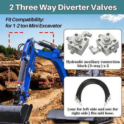 3 Way Hydraulic Diverter Valve Kit for 1-2 Ton Chinese Mini Excavator – Heavy-Duty Alloy Steel Valve w/Quick Connect 31-Inch Flexible Hoses, Excavator Hydraulic System Attachment