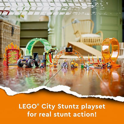 LEGO City Stuntz Double Loop Stunt Arena 60339 Monster Truck Playset with 2 Toy Motorcycles Ramp Wall of Flames Ring of Fire Snapping Snake Loop and 7 Minifigures for Kids Ages 7 Plus