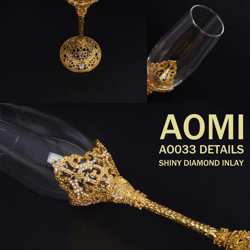 AOMI Wedding Champagne Flutes Toasting Glasses Luxurious Crystal- Gold 7oz Studded Champagne Glasses Set – Elegant Etched Flute Pair with Gift Box, Perfect for Weddings, Anniversaries & Celebrations