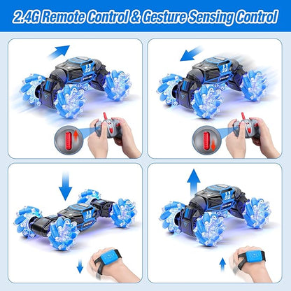 Gesture RC Car Gesture Sensing RC Stunt Car Toys with Lights &amp Dance for Kids 6-12 yr 2.4GHz 4WD Hand Remote Control with Lights Music Off-Road 360° Rotation Drift for Birthday Toy Gifts-(BLUE)