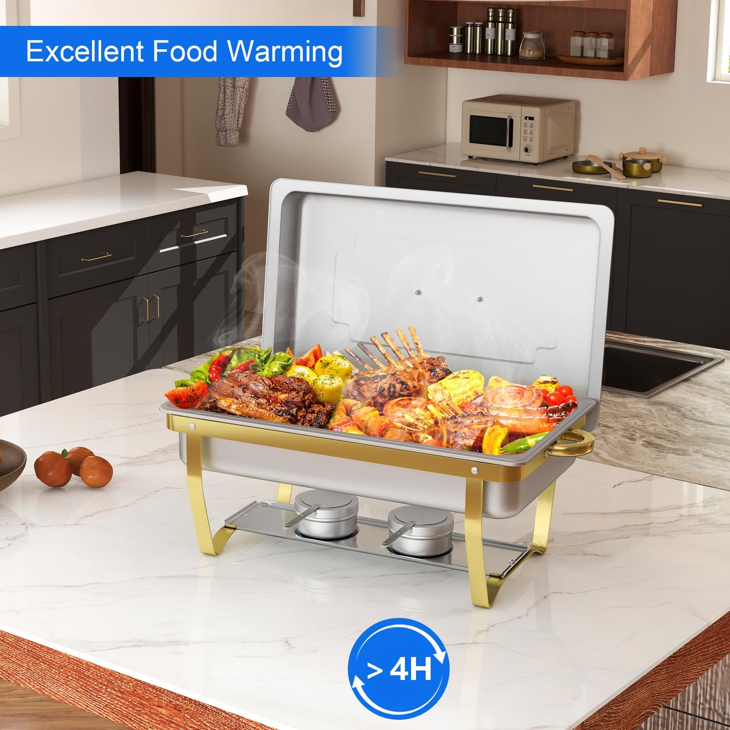 Chafing Dish Buffet Set - HARDURA 4 Packs 9.5QT Stainless Steel Food Warmer, Leak-Proof & Foldable Design, 4+ Hours Insulation, for Buffet Servers and Warmers, Ideal for Catering, Party（Gold）
