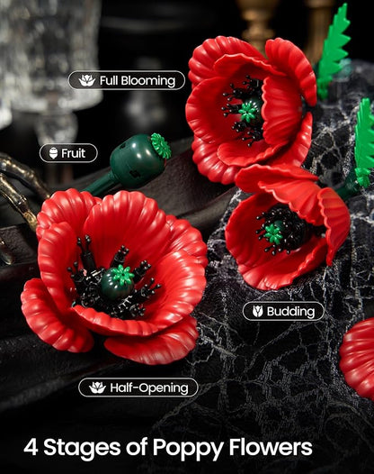 iATOM Red Poppy Flower Bouquet Building Set 12Pcs Artificial Botanical Collection for Adults - Gift for Valentine's Day for Her/Mom/Girlfriend/Wife/Couple Home Table Centerpiece Decor Aesthetic