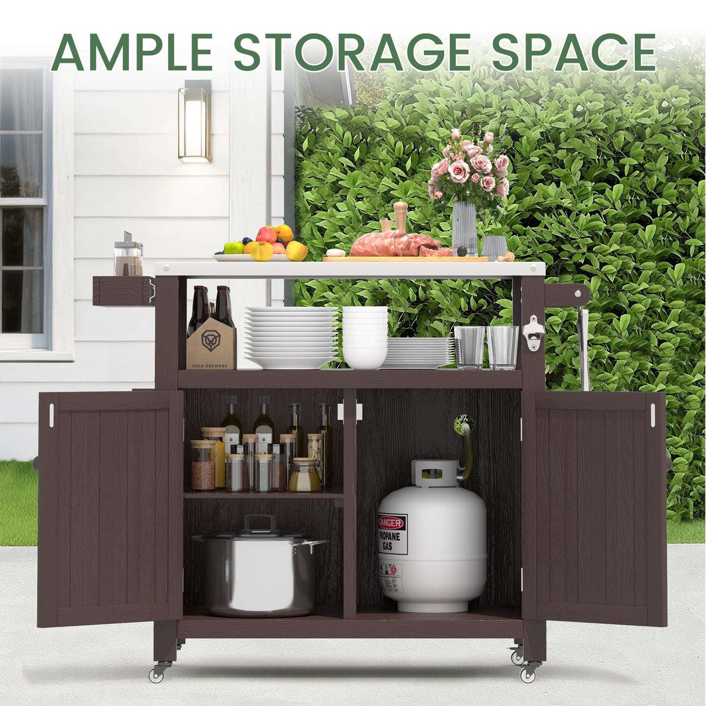 Sunnibety Weatherproof HIPS Outdoor Kitchen Island with Stainless Steel Top & Storage Cabinet, Movable Prep Table with Wheels for BBQ Food Prep, Outdoor Grill Cart for Parties, Brown