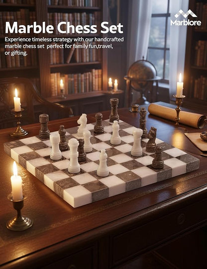 Marble Chess Set 10 Inch White &amp Oceanic Luxury Chess Board Set with 32 Pieces &amp 2 Extra Queens Classic 2 Player Game for Adults Travel &amp Home Decor Friendly