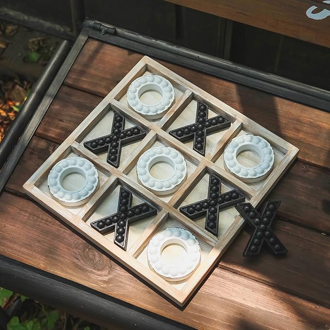 NIKKY HOME Tic Tac Toe Game Coffee Table Decor 10.6 Inch Rustic Wooden Board Black &amp White