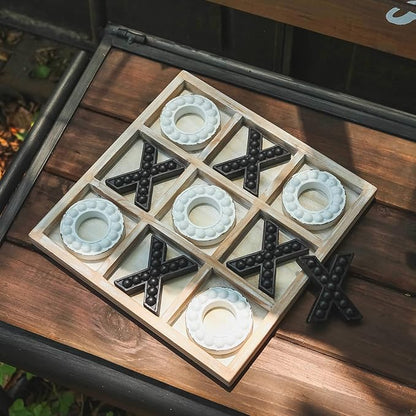 NIKKY HOME Tic Tac Toe Game Coffee Table Decor 10.6 Inch Rustic Wooden Board Black &amp White