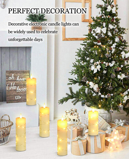 Da by 5 Pack Ivory Real Wax Flameless Taper Candles, Lifelike Flickering LED Flame Candles with Surrounding Fairy String Lights, Battery Candles with Remote for Home Wedding Holiday Decor