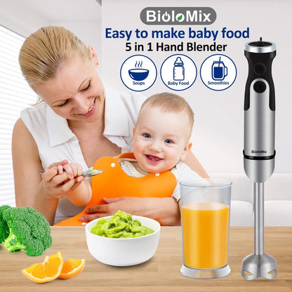 BioloMix Hand Blender 5 in 1 Immersion Blender 1000W, 6 Speed With Turbo Mode hand blenders immersion Stainless Steel Blade With 800ml Chopper, 600ml Mixing Beaker, Whisk and Milk Frother
