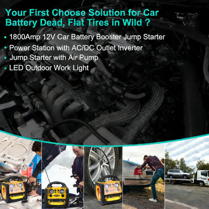 1800A Car Jump Starter with Air Compressor 150PSI,12V Portable Battery Jump Box (8.0L Gas/6L Diesel), Battery Booster with 400W Power Station AC/DC/USB
