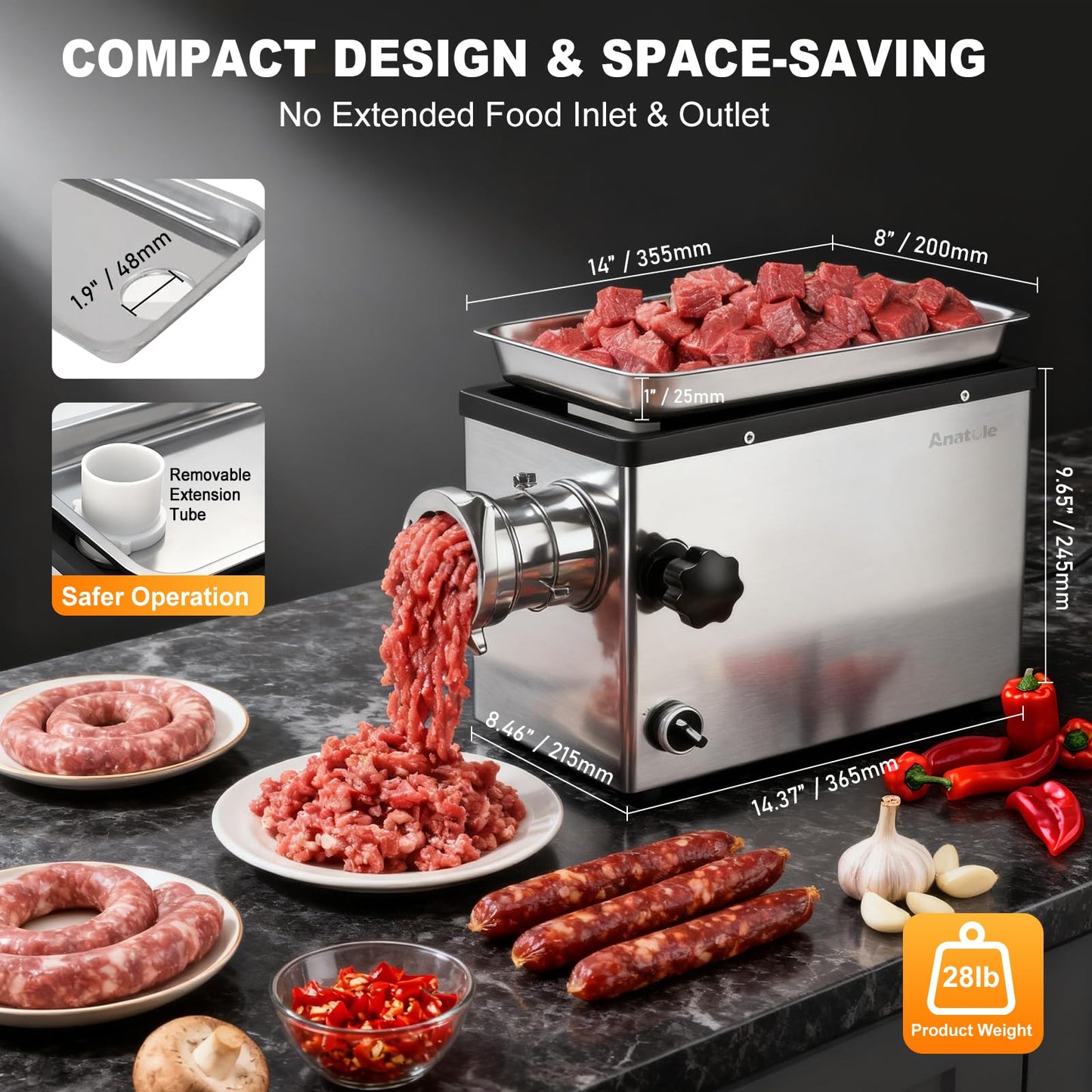 Anatole Commercial Electric Meat Grinder 1.8 HP 1300 W All Stainless Steel Meat Bones Mincer Heavy Duty Sausage Stuffer with 6 Grinding Plates 4 Blades for Restaurant Hotel 110V