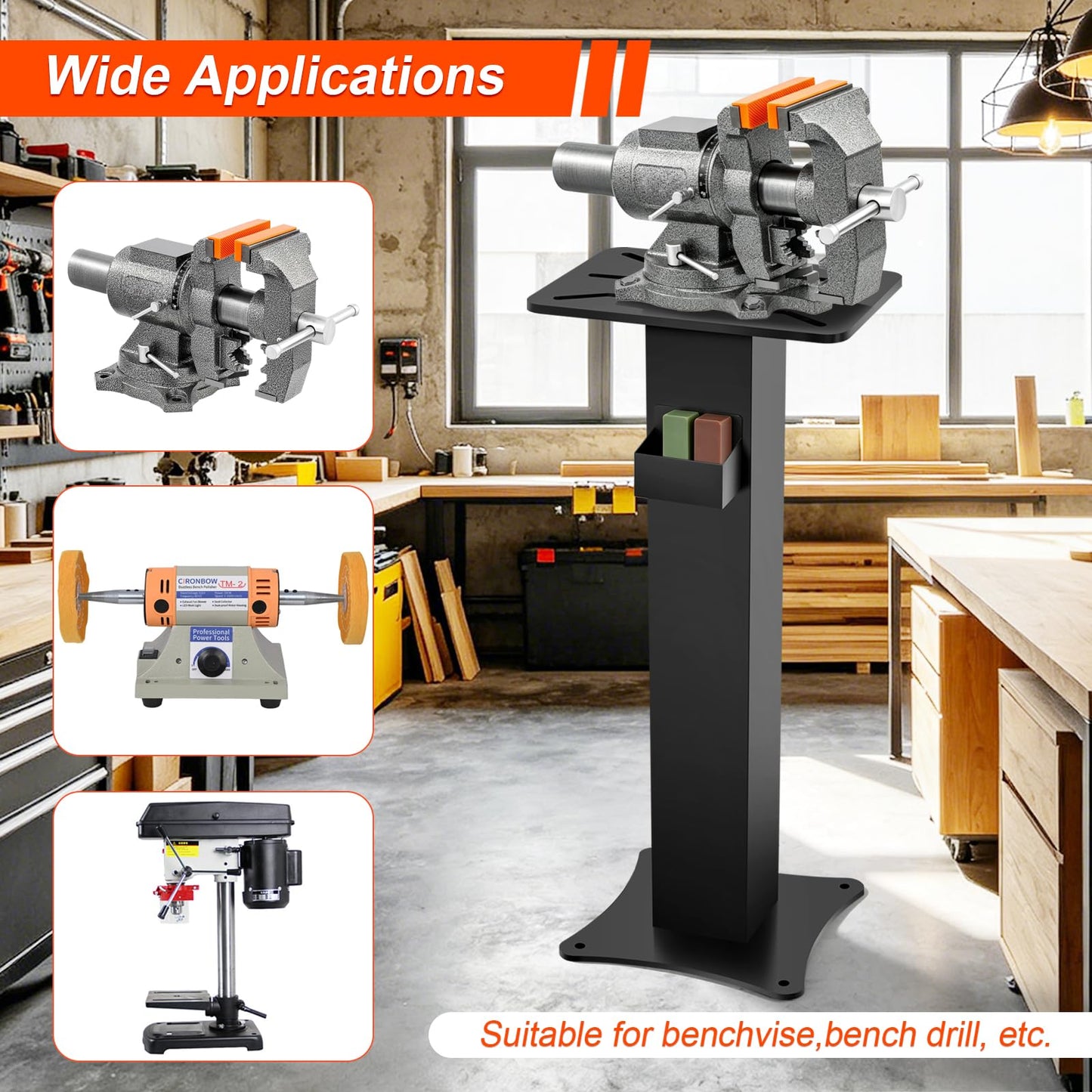 LMYYGOO Bench Grinder Stand, Heavy-Duty Floor Pedestal with 13.77" x 9.84" Mounting Plate, 32.67" Height, Pre-Cut Slots & Water Pot, Compatible with Bench Grinders, Vises, Drill Press and More