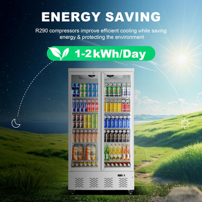 ECEVT 41.4''W White Commercial Refrigerators, 30.5 Cu.Ft 2 Glass Door Commercial Beverage Refrigerators Upright Display Cooler with LED Light and 10 Adjustable Shelves for Restaurant Stores