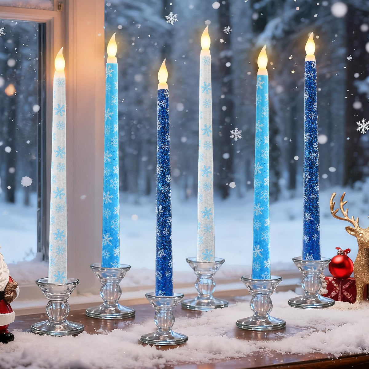 Kittmip 6 Pcs Snowflakes Wonderland Flameless Taper Candles 11 Inch Winter Battery Operated LED Candles Blue White Table Centerpiece for Christmas Xmas Holiday Party Decor