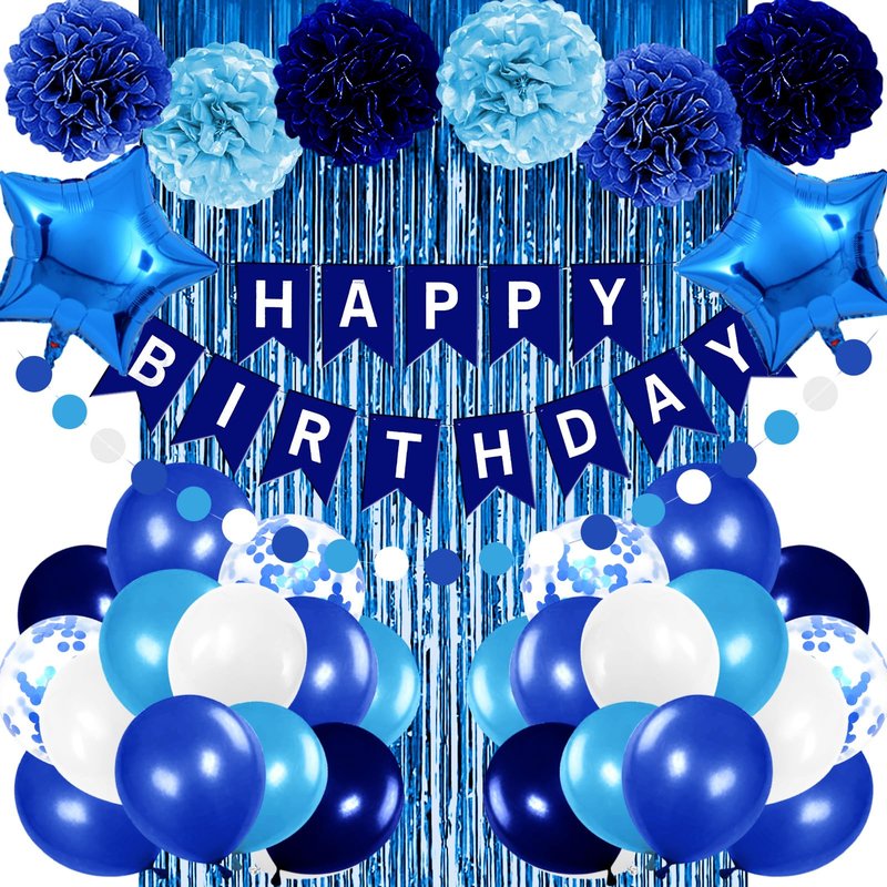 Iysoll Blue Birthday Party Decorations for Boys Men Happy Birthday Banner Balloons Navy Royal Light Blue Pom Poms Foil Curtain Décor Party Decorations for Baby Boy