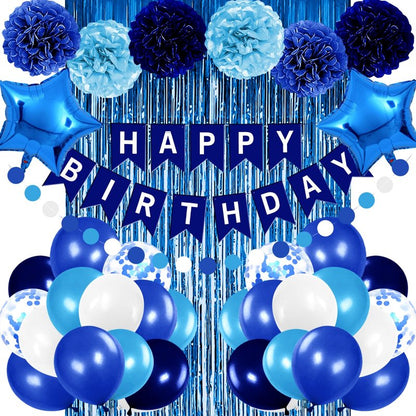 Iysoll Blue Birthday Party Decorations for Boys Men Happy Birthday Banner Balloons Navy Royal Light Blue Pom Poms Foil Curtain Décor Party Decorations for Baby Boy