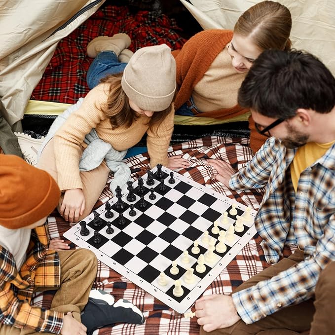 Travel Chess Set 20'' Silicone Chess Board-3.75'' King Height Plastic Piece Extra Queens &amp Storage Bag 2 in 1 Portable Chess &amp Checker Board Games for Teens and Adults