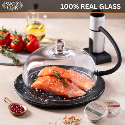 Smoky Crafts Food & Whiskey Smoker Kit with Updated Smoke Gun, 8" Glass Dome, Acacia Wood Top and Apple & Cherry Wood Chips - Old Fashioned Drink Smoker Kit