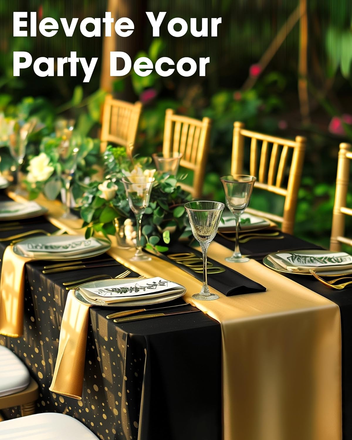 Niuara Table Cloth Set - Black and Gold Rectangle Table Covers & Runners | 3+3 Pack for Events