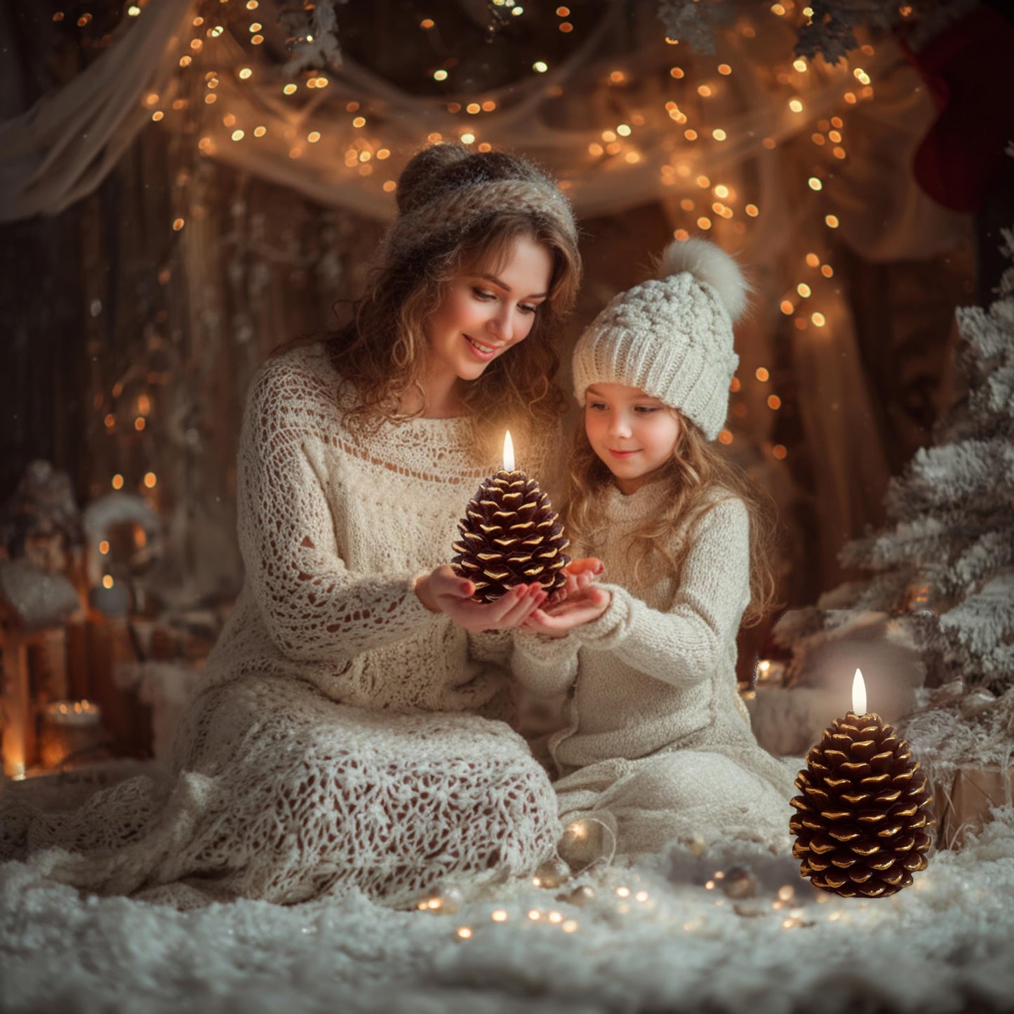 AXYLEX Pine Cone Candles Battery Operated, Pinecones with Remote and Timer, LED Flameless Real Wax Flickering Candle for Christmas Decor. H 5.5 Inch, Pack of 2 (Golden-Brown)
