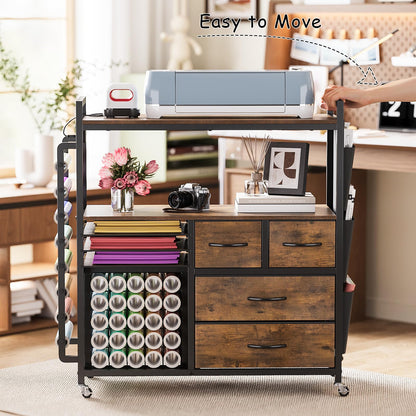 VENNQD Large Craft Organizer and Storage Rolling Cart Compatible with Cricut Machine with Fabric Drawers Vinyl Roll Holder Accessories for Home Craft Workstation Room (Rustic Brown)