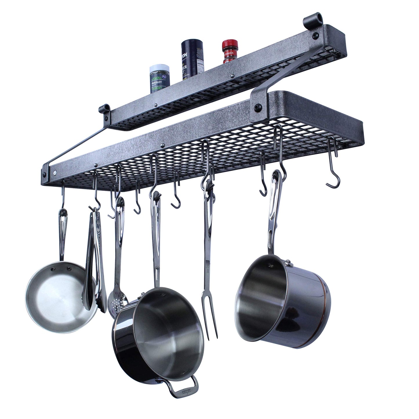 Enclume Premier Bookshelf Wall Pot Rack with Shelf, Hammered Steel