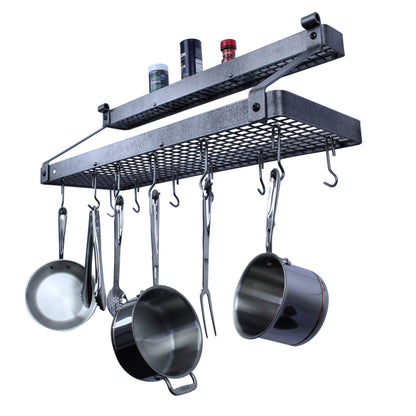 Enclume Premier Bookshelf Wall Pot Rack with Shelf, Hammered Steel