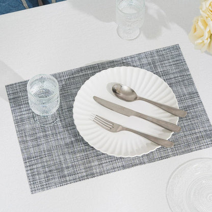 BACKTOEDEN Placemats Set of 6 Heat Resistant Washable Wipeable Placemat Woven Non-Slip Foldable Vinyl/Plastic Place Mats Indoor/Outdoor Mat Kitchen Dining Table Pad, Gray