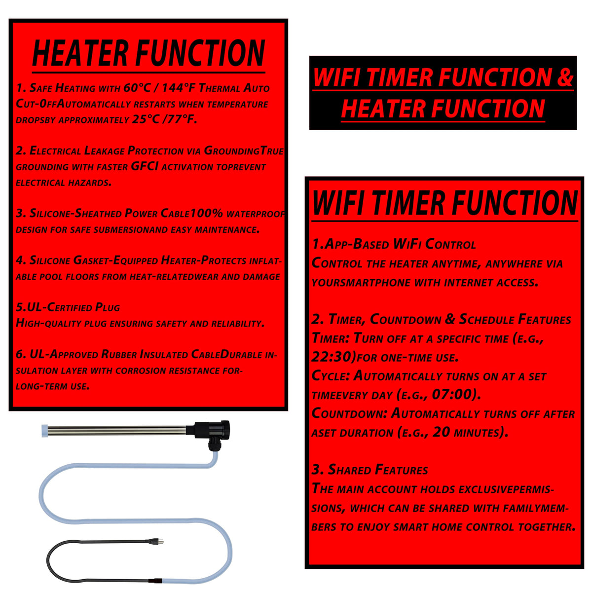 3500W 240V 316 Immersion Water Heater with Wi-Fi, Timer, and Temperature Control – Portable Submersible Heater Suitable for Spa, Above-Floor Swimming Pools, Inflatable Pools, Hot Tubs, and Bathtubs