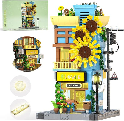 Sunflower House Building Set with LED Light 3-Story Japanese Street View House Blocks 1580PCS Creator Architecture Model Building Kit Home Office Decor Gift for Adults