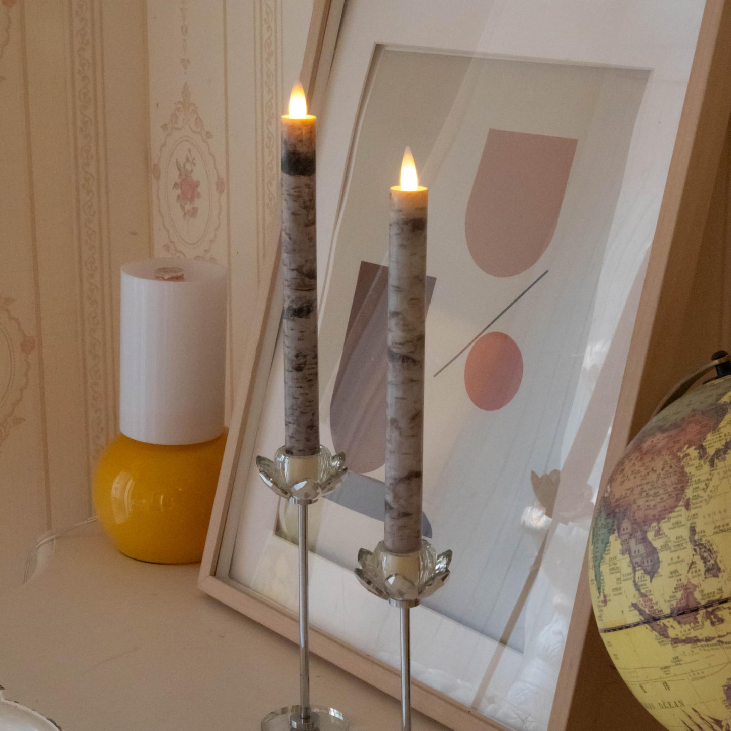CozierGlow Flameless Taper Candles Flickering with Remote and Timer, 3D Moving Flame Taper Candle Battery Operated to 400 Hours, 9 Inch Window Candles, (Birch Bark)