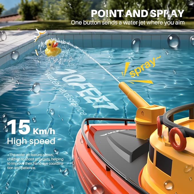 SYMA Remote Control Boat Big RC Boat Firefighter for Kids 8-12 with 40 Mins Run Time (2 Batteries) One-Key Water Spary 15 km/h High Speed and Low Battery Warning Pool Toys for Boys Girls