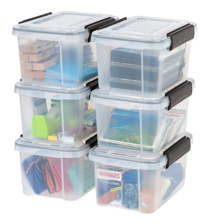 IRIS USA WeatherPro 6 Qt Storage Bins with Lids, 6 Pack, BPA-Free Plastic Gasket Box with Tight Latch and Seal, Stackable Nestable Tote Tub - Clear/Black