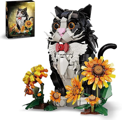 Tuxedo Cat Building Set with Sunflowers for Adults Ages 14+ Compatible with Lego Animal Kit for Home Living Room or Bedroom Decor Black - 1434PCS