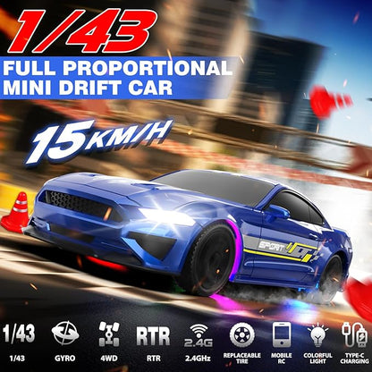 1/43 RC Drift Car Mini Drifting RC Car with Gyro 2.4GHz Full Proportional Drift Cars 4WD RTR Remote Control Cars with Colorful Lights High Speed Fast Racing Vehicle Gift for Kids Boys Adults