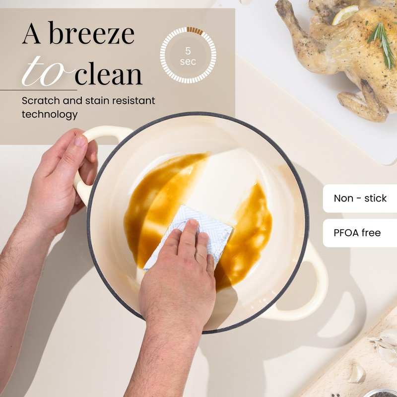 Nuovva Enamelled Cast Iron Dutch Oven Pot with Lid – 6.4 Quart Non Stick Casserole Pot – Heavy Duty & Oven Safe up to 500° F for Bread Baking, Braising, Stews, Roasting – 28cm Cream