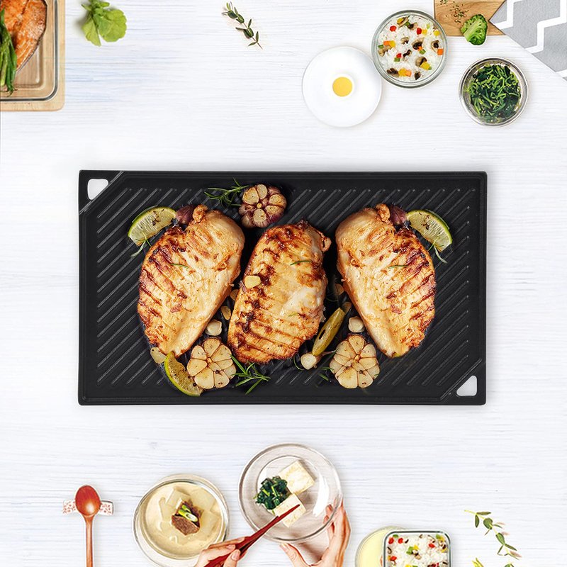GasSaf Cast Iron Reversible Griddle, 16.5 Inch x 9.5 Inch Double Sided Grill Pan Perfect for Gas Grills and Stove Top