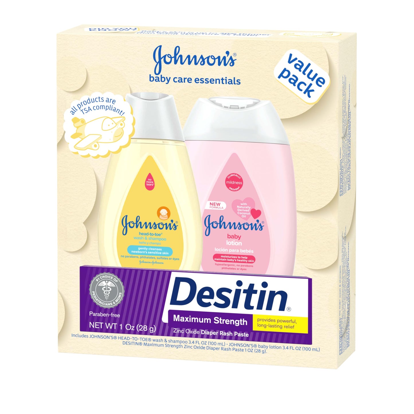 Johnson's Baby Care Essentials Gift Set, Body Lotion, & Zinc Oxide Diaper Rash Paste for Baby's Delicate Skin, Value Pack, Travel-Size, Bath Essentials Must Haves, Baby Gifts, 3 Items