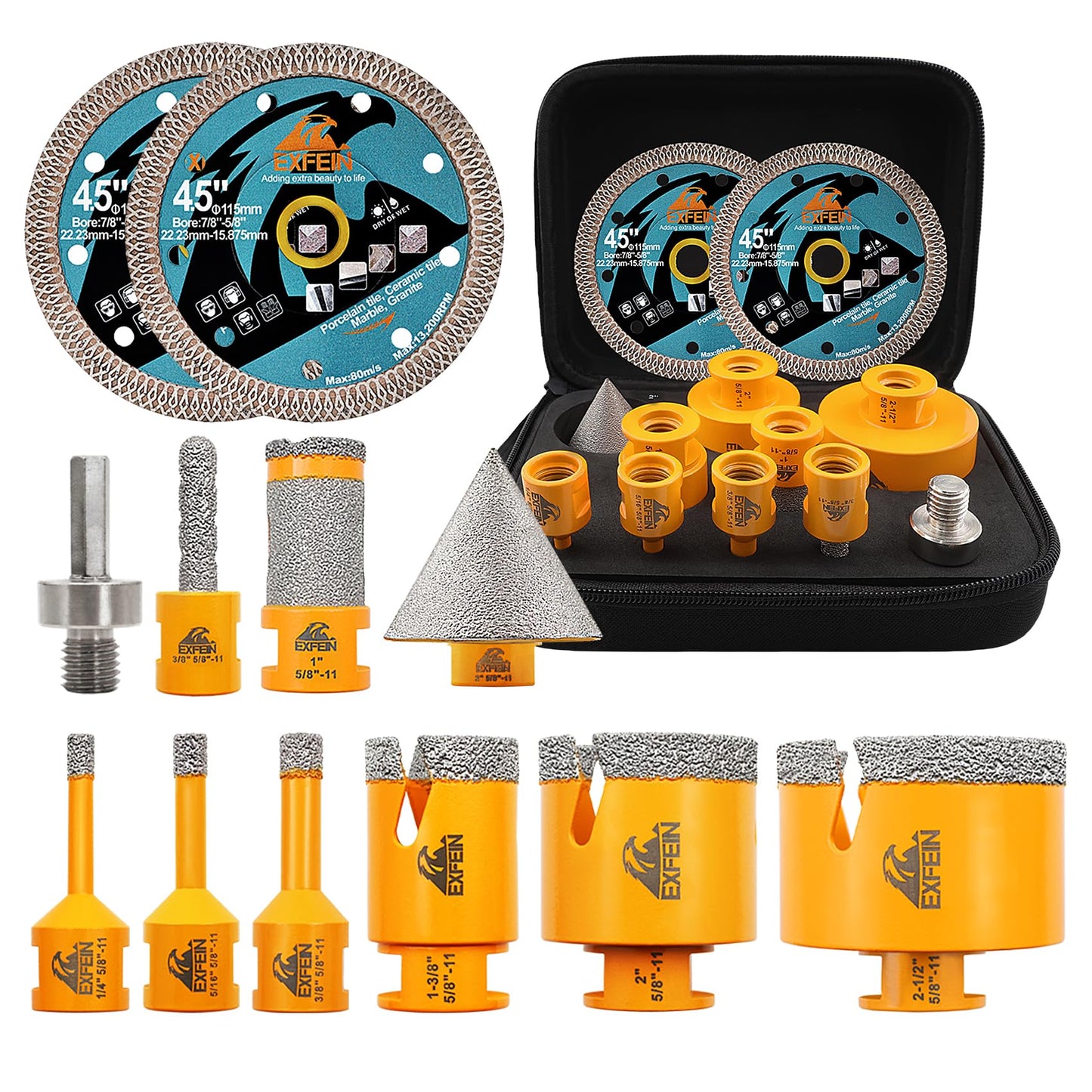 EXFEIN Diamond Tile Hole Saw Kit 12pcs - 6/8/10/25/35/50/65mm Core Drill Bits,10mm Milling Bit and 2" Chamfer Bit with Hex Adapter and 4.5" 2pcs Diamond Blade and for Tile Porcelain Marble