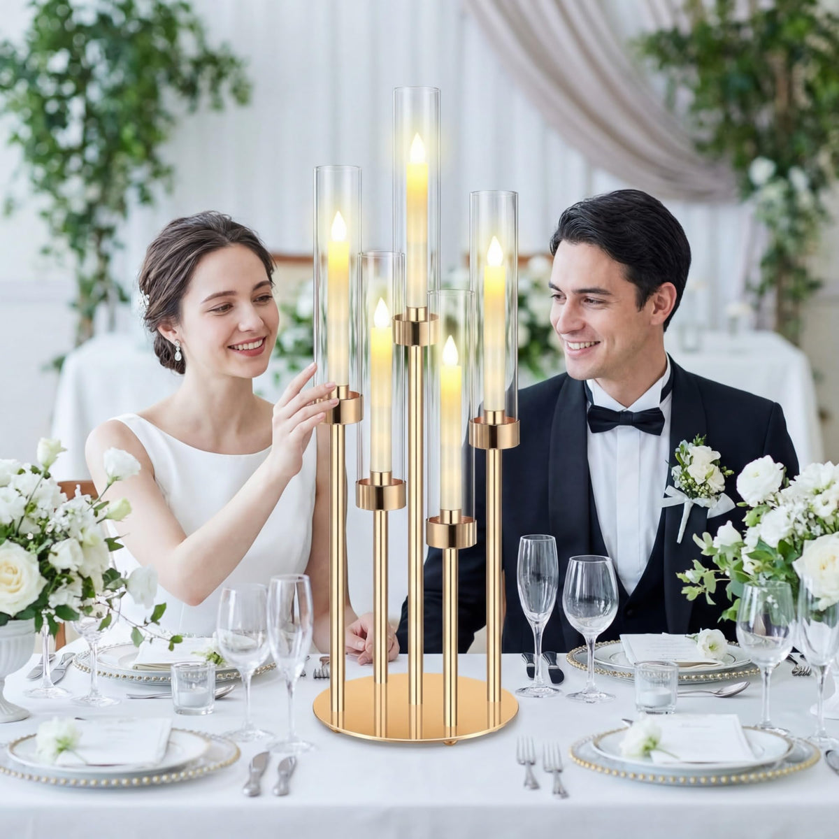 Tandefio 2 Set Gold Candelabra Centerpieces for Tables, 26.8 Inch 5 Arm Candle Holders with LED Candles and Acrylic Cylinders, Tall Acrylic Wedding Table Centerpieces for Reception Dinner Party Decor